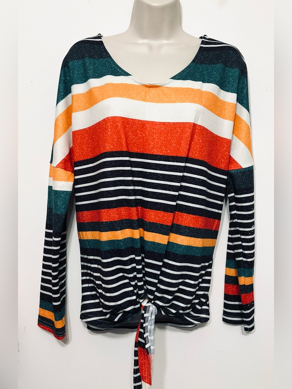Striped Tie-Hem Long Sleeve Top in Multi-Color long sleeve